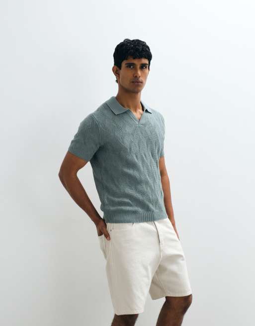 Mango - Fijngebreid poloshirt met retro textuur en split aan de kraag in oudblauw, 5 van 5