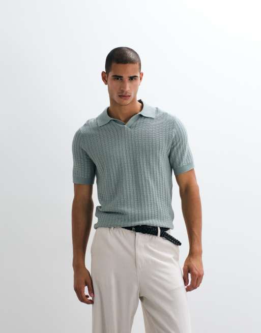 Mango - Fijngebreid retro poloshirt met split aan de kraag in oudblauw, 3 van 5
