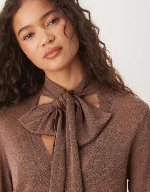 Mango fine knit cardigan with neck tie in brown, 2 of 4