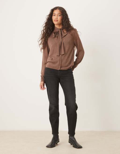 Mango fine knit cardigan with neck tie in brown, 3 of 4