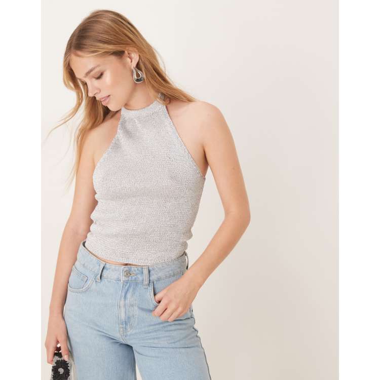 Mango fine knit halterneck top with metallic finish in