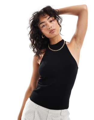 fine knit high neck top in black