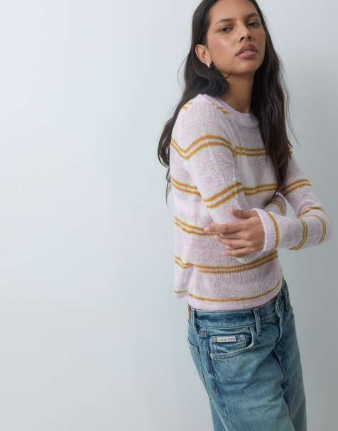 Mango fine knit jumper in pink and orange stripe print - view 1