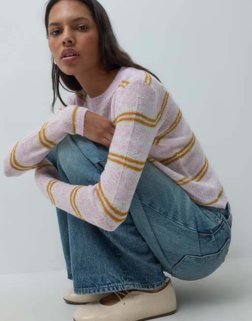 Mango fine knit jumper in pink and orange stripe print, 3 of 4