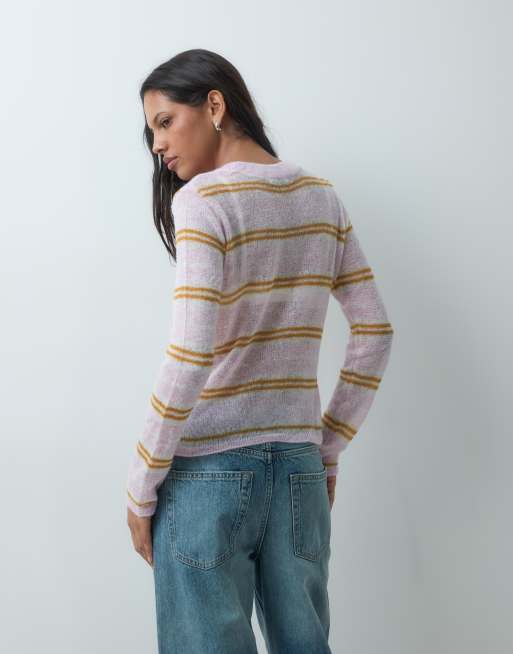 Mango fine knit jumper in pink and orange stripe print, 4 of 4