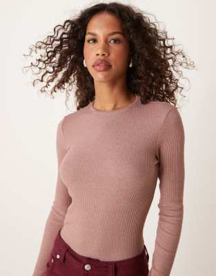 fine knit long sleeve ribbed top in light pink