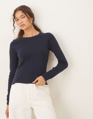 Mango Fine Knit Long Sleeve Top In Blue