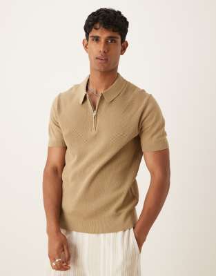 Mango Mango fine knit polo shirt in beige-Neutral