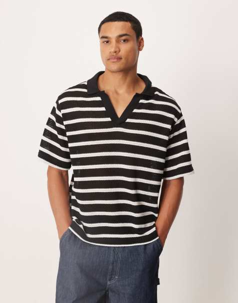 Mango fine knit polo top in black and white stripe - view 1