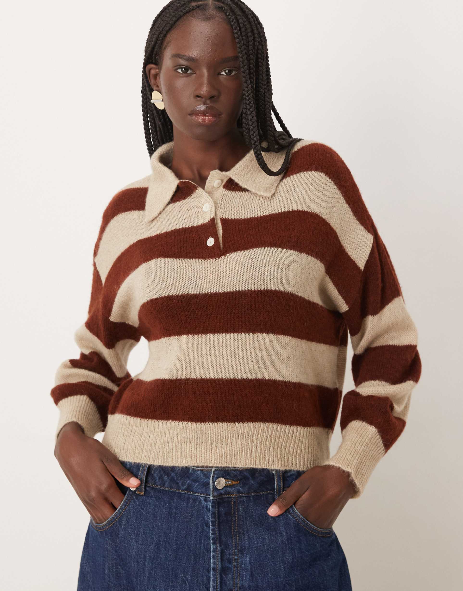 mango fine knit polo top in brown and cream stripe