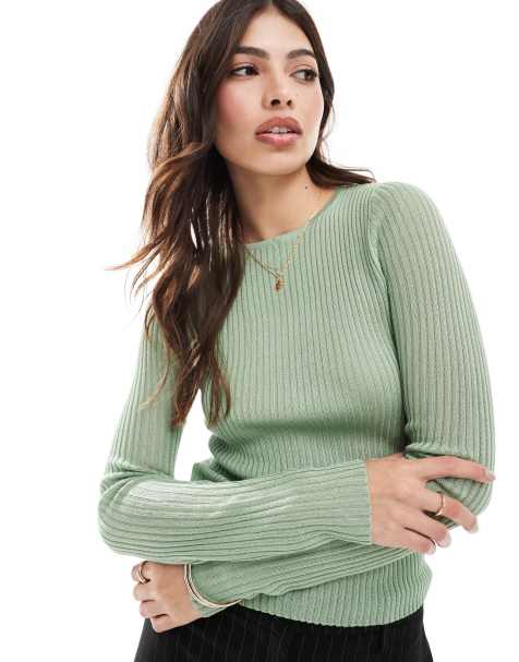 Mango fine knit ribbed jumper in sage green - view 1