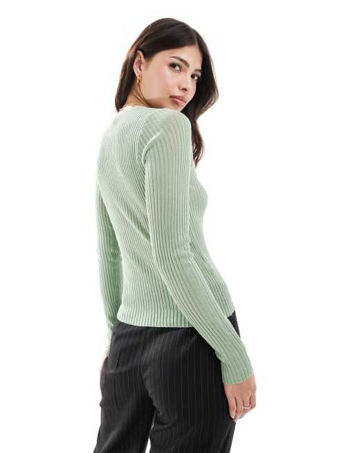 Mango fine knit ribbed sweater in sage green | ASOS