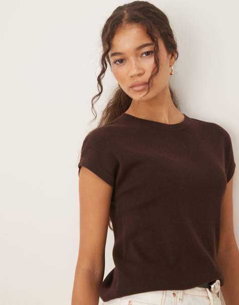 Mango fine knit short sleeve t-shirt in chocolate brown - view 1