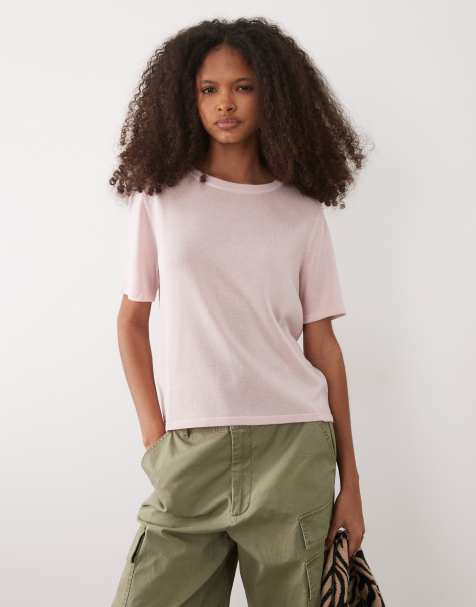 Mango fine knit short sleeve t-shirt in pink - view 1