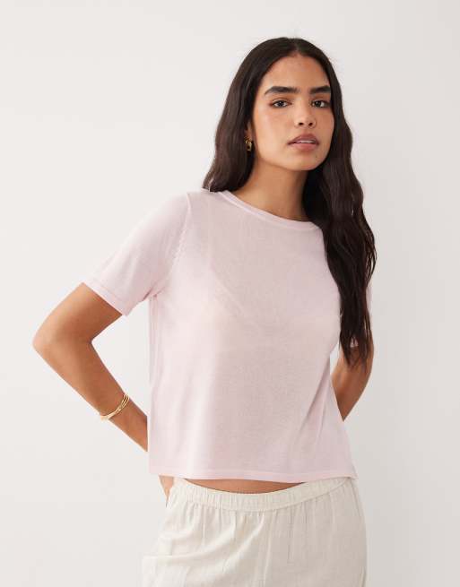 Mango fine knit short sleeve t-shirt in pink, 4 of 4