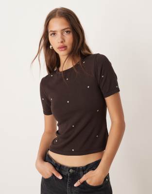 Mango Fine Knit T-shirt With Studs In Brown