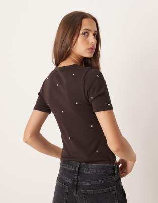 Mango Fine Knit T-shirt With Studs In Brown