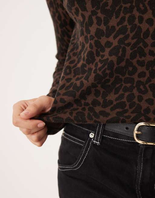 Mango fine knit top in dark brown leopard print, 2 of 4