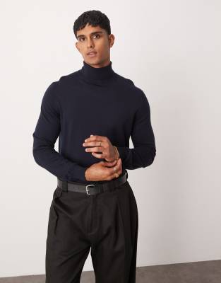 Mango Fine Knit Turtle Neck Long Sleeve Sweater In Navy