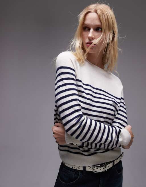 Mango fine knit wool stripe sweater in navy and white