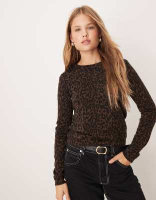 Mango Mango fine knitted top in dark brown leopard print