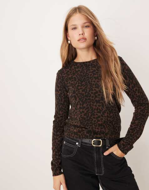 Mango fine knitted top in dark brown leopard print - view 1