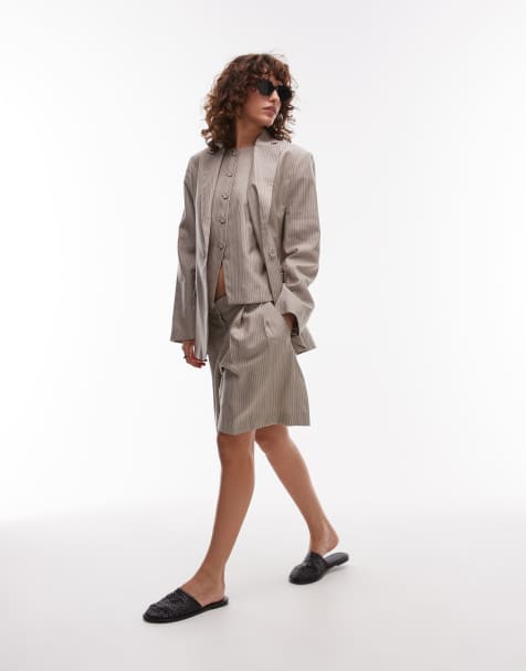 Mango fine pinstripe tailored suit set in brown - view 1