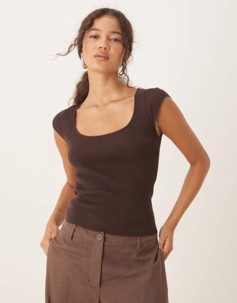 Mango fine rib knit cap sleeve t-shirt in brown - view 1