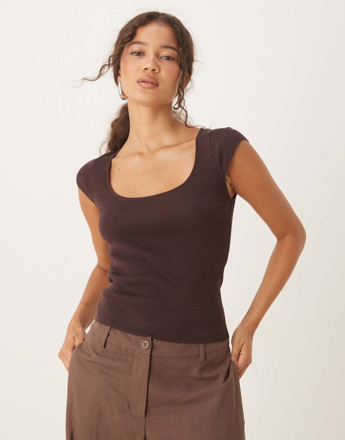 Mango fine rib knit cap sleeve t-shirt in brown