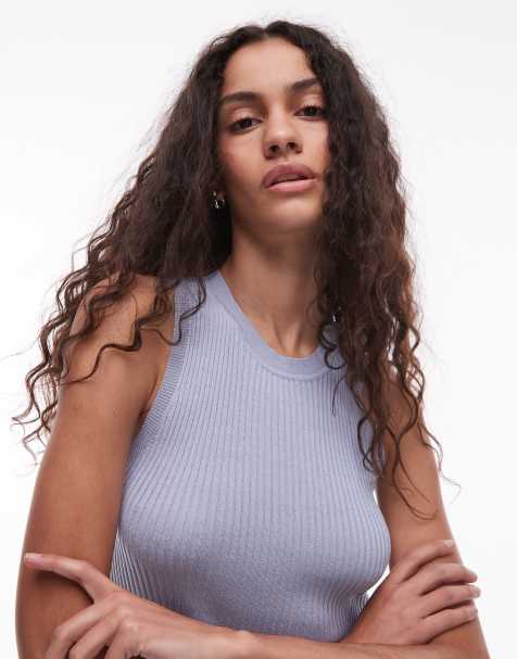 Mango fine ribbed linen mix tank top in pale blue - view 1