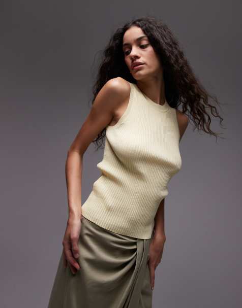 Mango fine ribbed linen mix tank top in pale yellow - view 1