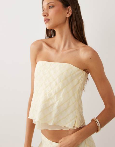 Mango – Finy – Żółty top z dekoltem bandeau w kratę, część zestawu - view 1