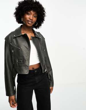 Mango fitted biker jacket in vintage washed black