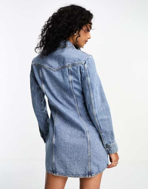 Mango fitted hem detail denim dress in mid blue | ASOS