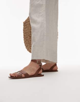 Mango - Flache Ledersandalen in Braun