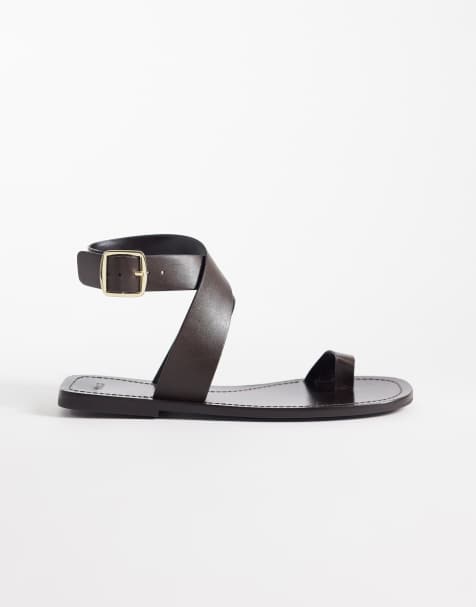 Mango – Flache Sandalen aus 100% Leder in Schokobraun mit Zehendetail - view 1