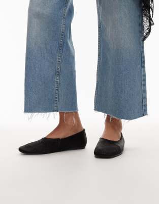 Mango - Flache Schuhe aus echtem Leder mit Fellbesatz in Schwarz mit eckiger Zehenpartie