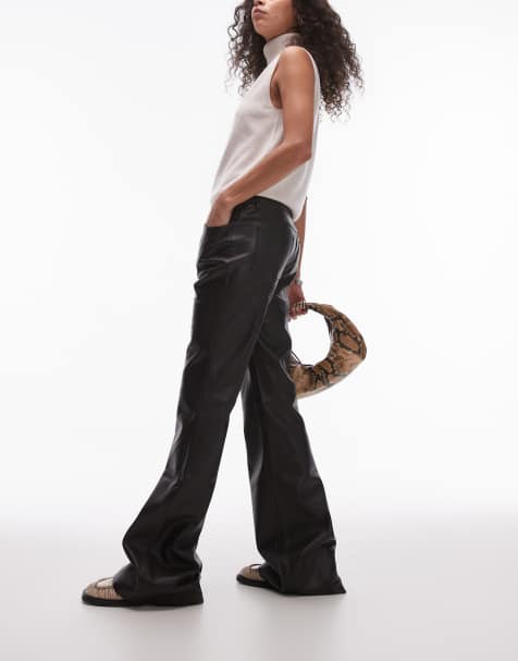 Mango flare leg leather look trouser in black