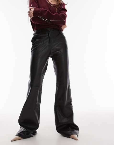 Mango flare leg leather look trouser in dark red - view 1