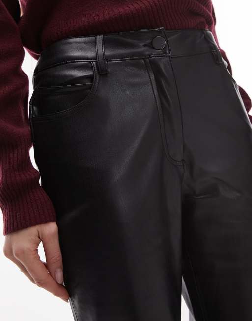 Mango flare leg leather look trouser in dark red ASOS