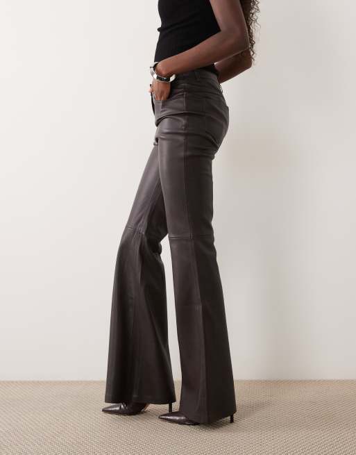 Mango flared leather trouser in chocolate, 3 of 5