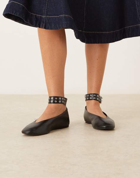 Mango flat shoe with eyelet ankle strap in black - view 1