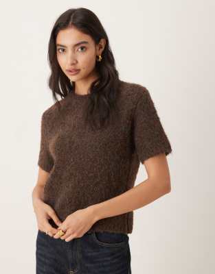 Mango - Flauschiges, kurzärmliges Strickoberteil aus Wollmix in Braun-Brown