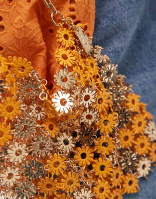 Mango Floral Chain Metal Bag In Orange