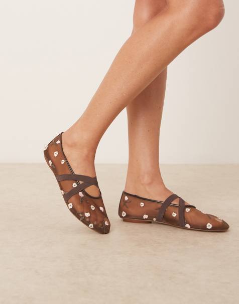 Mango floral embroidered mesh ballet flats in brown - view 1