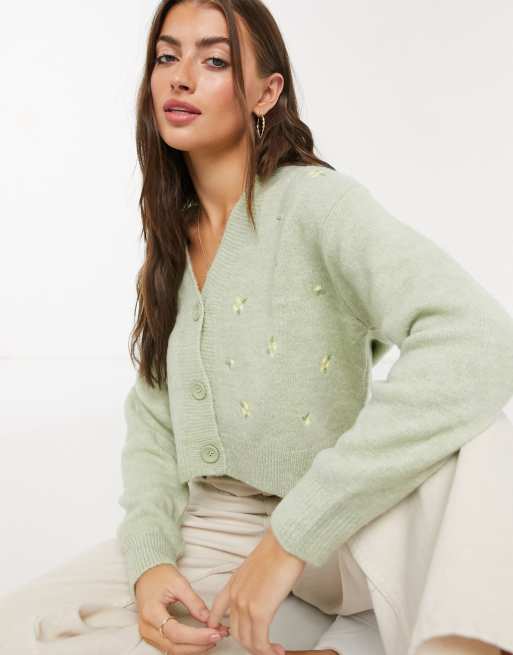 Green Cardigan Set - Front Button Sweater Top - Sage Cropped