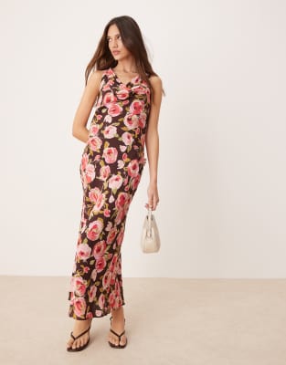 mango floral print cowl neck midaxi dress in brown