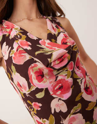 Mango Floral Print Cowl Neck Sleeveless Midi Dress