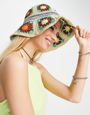 Mango floral print crochet hat in multi - ASOS Price Checker