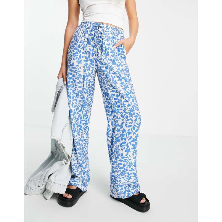 Mango Berries Floral Print Satin Trousers, Blue/White, XXS